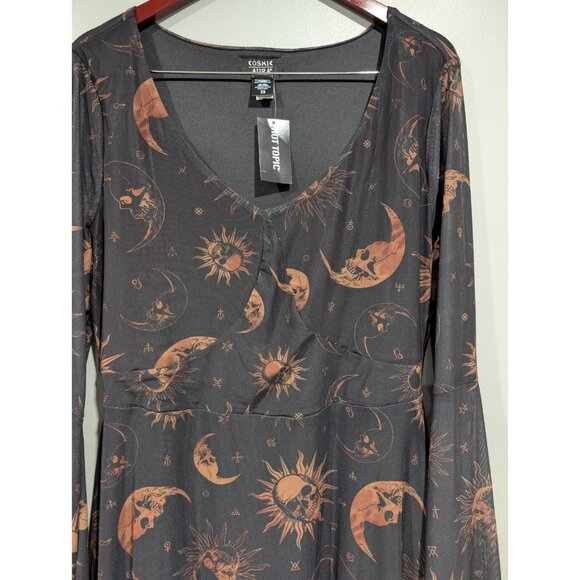 Cosmic Aura Women's Skull Celestial Mesh Bell-Sleeve Dress  Black Tan Sz 2X NWT - Picture 5 of 16